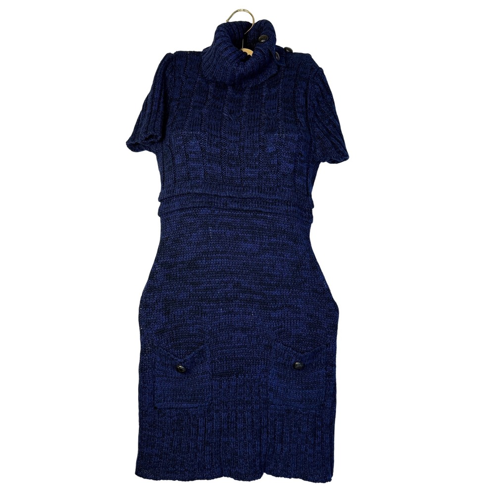 Blue‎ Black Marled Knit Turtleneck Sweater Dress Short Sleeve Button.